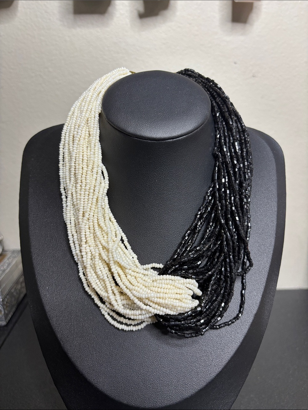 Elegant Glass Statement Two-Tone Black White Beaded Multi-Strand Necklace